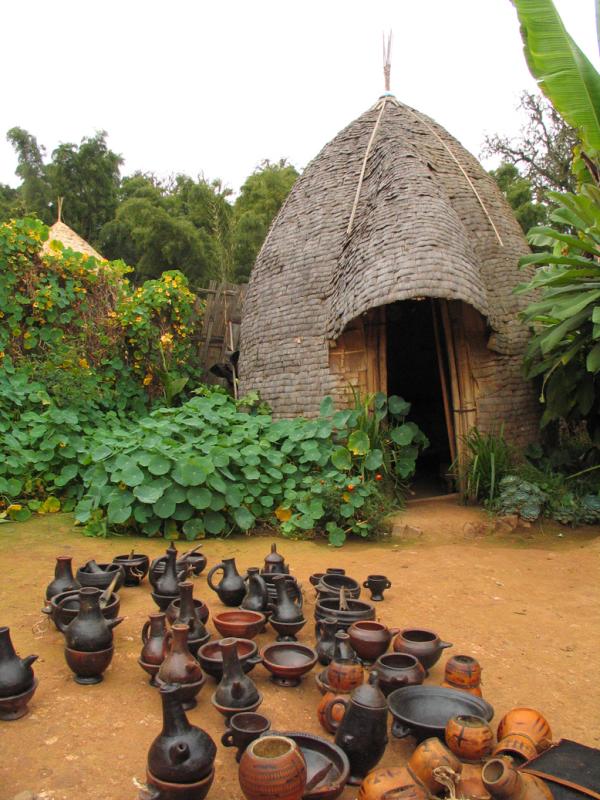 Beehive hut with pottery