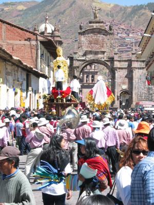 One of the saints is paraded through Cusco