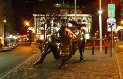 The Wall Street Bull at night