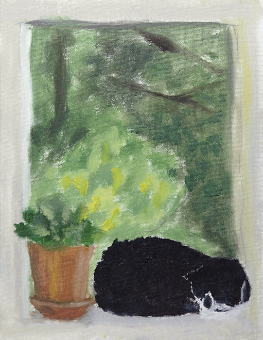 Mimi in the window<br>8 X 6 Oil<br>June 2005
