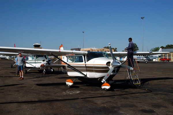 Refueling our Cessna 182, V5-FIS, at Maun