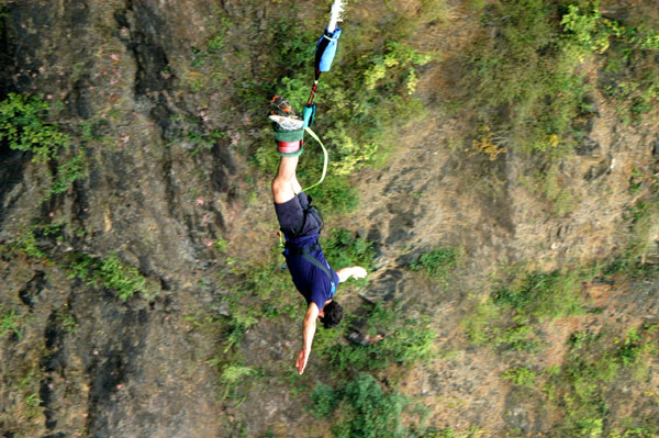 Bungee jumping from the Victoria Falls Bridge, the second highest bungee jump in the world