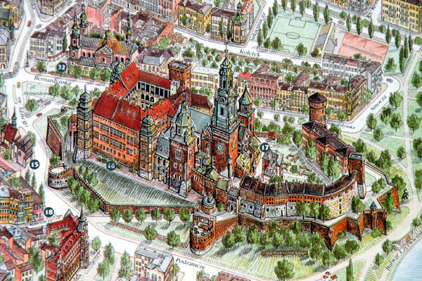 Artistic view of Wawel Castle from a map of Krakow