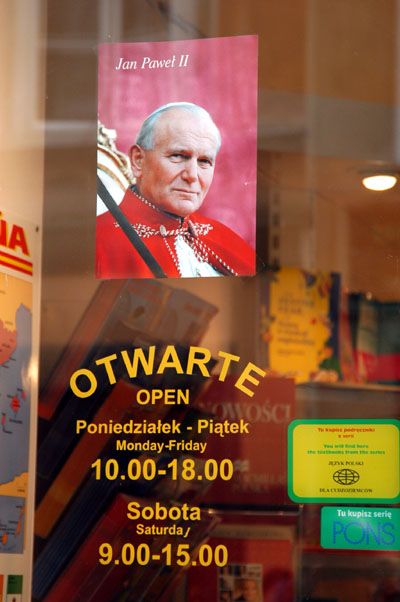 Pope John Paul II on a shop window, Krakow