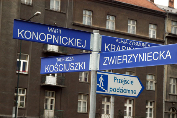 Street signs in Krakow - Tadeusza Kosciuszki & Zwierzyniecka