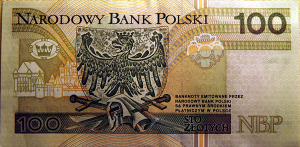 Reverse side of the Polish 100 Zlotych note