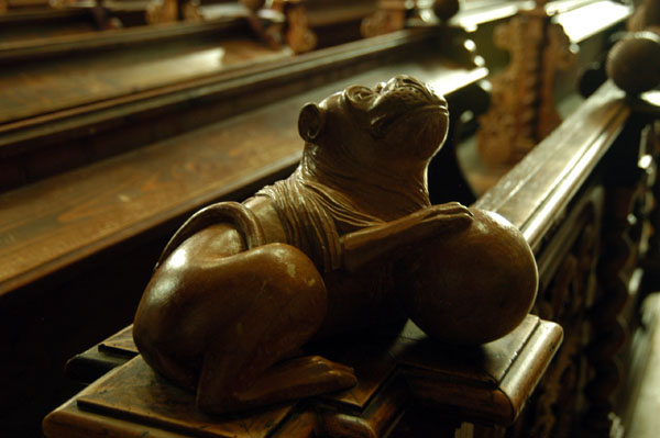 Carving on the pews of the Basilica, Bardajov