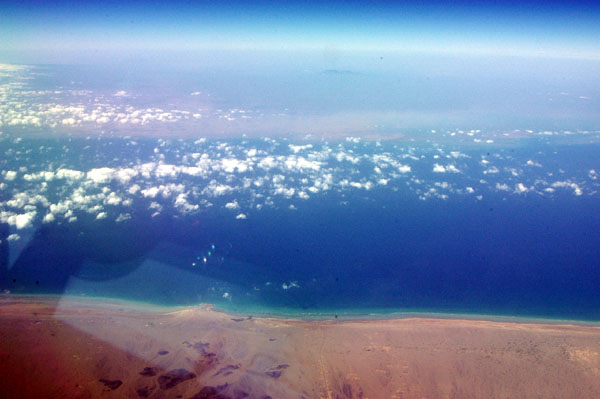 Looking from Yemen across the Red Sea to Eritrea approaching the Bab el Mandeb Gate of Tears connecting to the Gulf of Aden