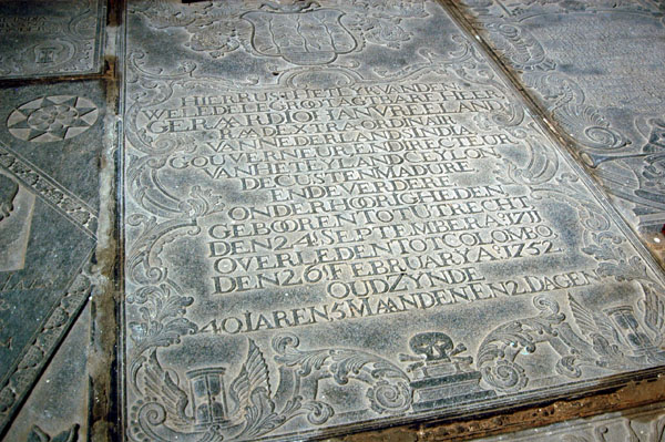 Many of the former Dutch governors, their wives, and other notables remain in the church, marked with ornate floor tablets