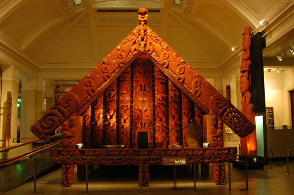 Central hall of the Maori display containing a complete 1870s pataka (storehouse)