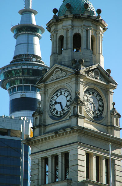 City Hall clock tower and Sky Tower