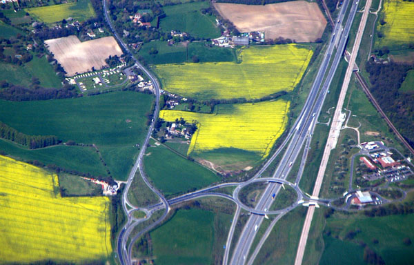 Motorway roundabout interchange, southern England