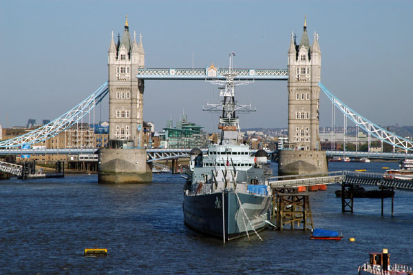 View from London Bridge of Tower Bridge and HMS Belfast