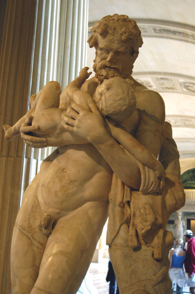 Silenius, the oldest Satyr, carrying the infant Dionysus (Bacchus)