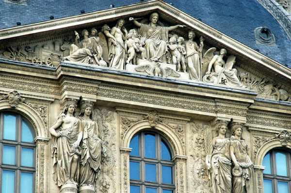 Louvre exterior with caryatids and a triangular pediment