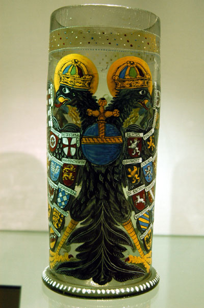 Large glass drinking vessel with German coats-of-arms