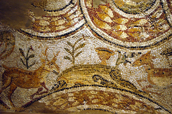 Mosaic fragment of stag and doe drinking from the 4 rivers of Paradise, 6th C. AD, Carthage, Tunisia