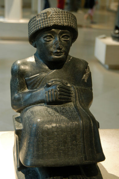 Seated statue of Prince Gudea of Lagash, dedicated to the god Ningishzida, ca 2120 BC, Sumerian