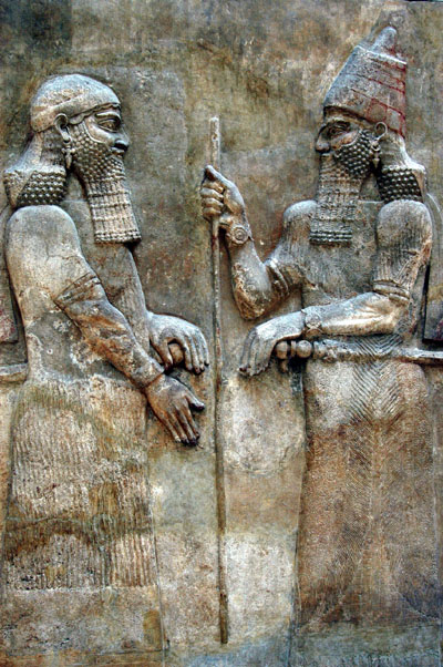 King Sargon II of Assyria (reigned 722-705 BC) and Crown Prince Sennacherib (left)