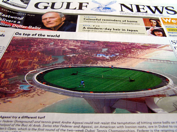 Gulf News with the helipad of the Burj al Arab as a tennis court
