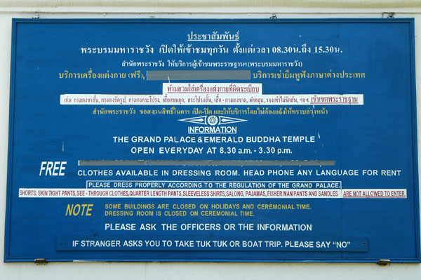 Grand Palace information sign with opening hours