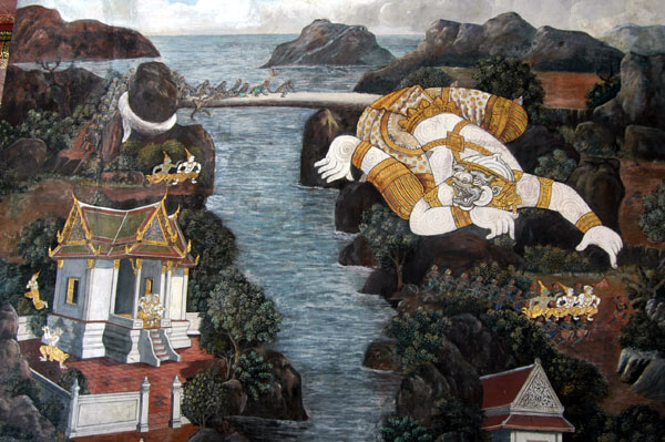 Hanuman uses his tail as a bridge for his army to cross to find hermit Chadil to show them the way to Lanka (31)