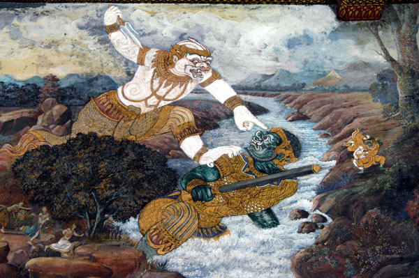 Kumphakan, who is no match for Hanuman, flees to Lanka to report to Tosakan, restoring the flow of the river to Phra Ram's army