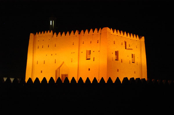 Al Rumeilah Fort illuminated at night, Al Ain