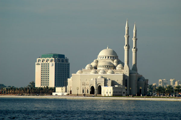Monumental Ottoman-style Al Noor Mosque on Khor Khalid seen from Al Majaz Park