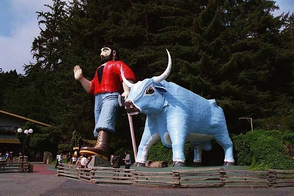 Paul Bunyan and Babe, the big blue ok, at the Trees of Mystery tourist trap, Klamath, CA