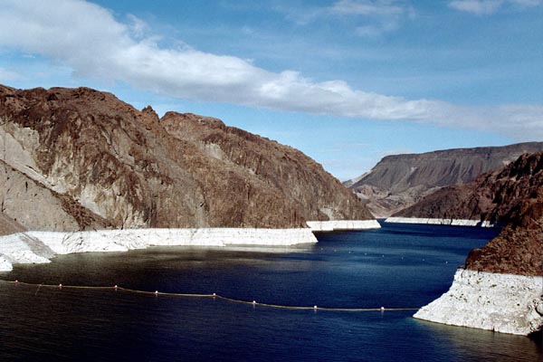 Lake Meade, Nevada-Arizona, from Hoover Dam. Note the toilet bowl ring.