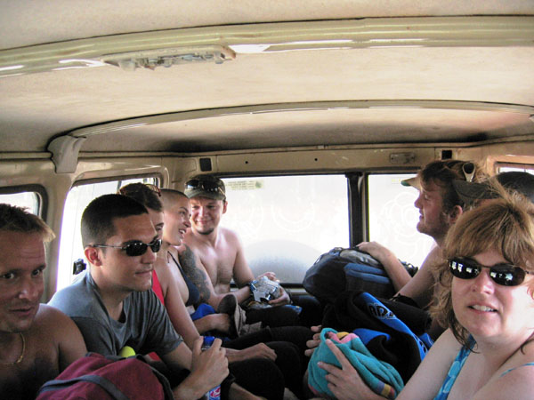 Crowded into the back of an old 4WD for the drive to the beach