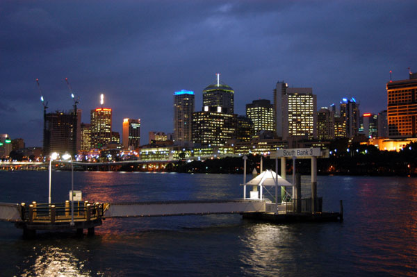 Brisbane River, South Bank 3 Ferry Pier and Skyline early evening