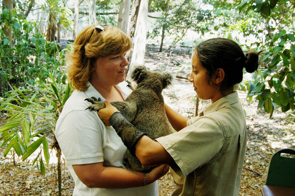 Koala being attached to Debbie