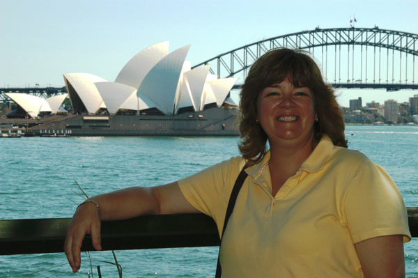 Debbie at Mrs. Macquarie's Point with the Sydney Opera House