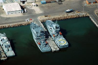 The Nathaniel Maxuilili, right, a Norwegian built patrol vessel of the Ministry of Fisheries and Marine Resources