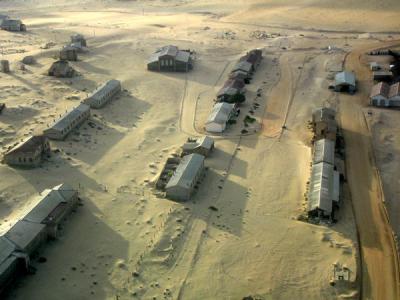 Overflying the ghost town of Kolmanskuppe on approach to Lderitz Airport