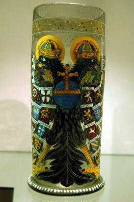 Large glass drinking vessel with German coats-of-arms
