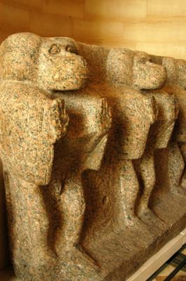 Ornamental monkeys from an obelisk pedestal of the Temple of Luxor, 19th Dynasty reign of Ramses II (1279-1213 BC)