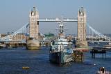 View from London Bridge of Tower Bridge and HMS Belfast