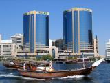 Dhow passing Dubais Twin Towers