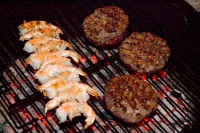 grilling burgers & shrimp (high ISO showing hot coals)