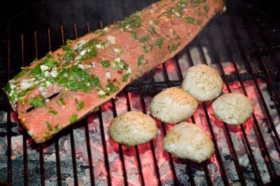 salmon and scallops grilling