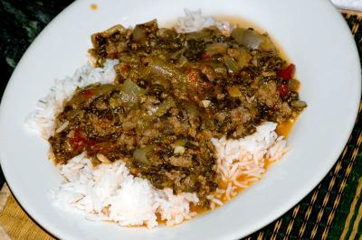 spinach beef over rice