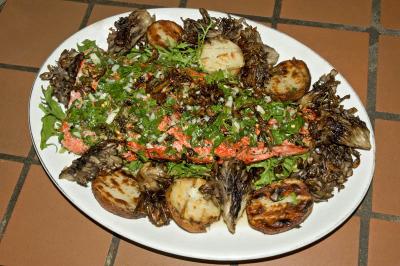 grilled sockeye salmon, sauteed maitake mushrooms, grilled potatoes