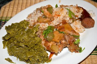 cajun style stewed chicken, matsutake and oyster mushrooms, mustard greens