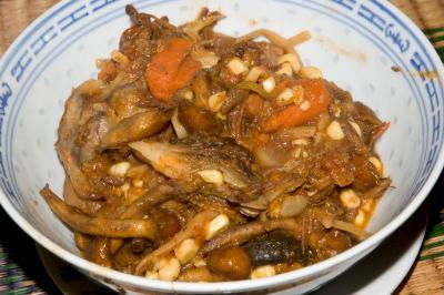 leftover beef stew, enhanced with sauteed wild maitake and honey mushrooms