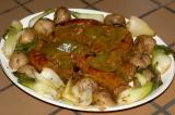 sausages with peperonata sauce, pan roasted potatoes, sauteed baby bok choi