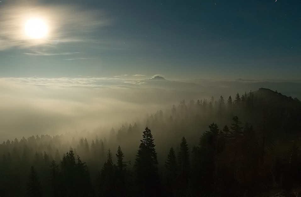 Storm Clearing with Sierra Buttes in Moonlight and Fog