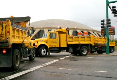 dump trucks at entrance to St.Pauls